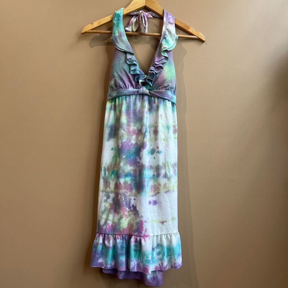 “a.n.a” size M pastel Tie dye, tie halter neck babydoll mini dress w ruffle hem